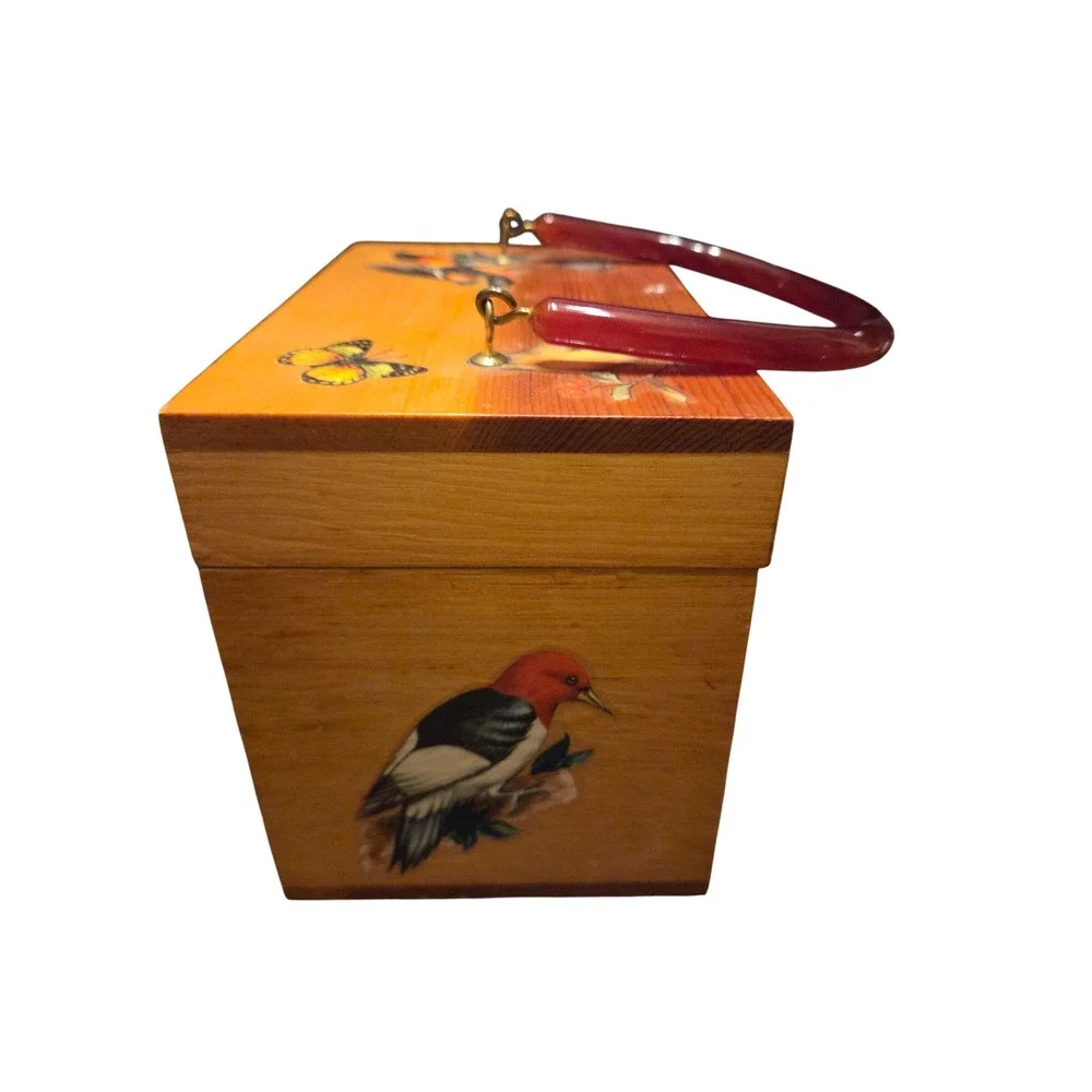 Vintage Wooden Box Purse Brown Bird Butterfly Lucite Handle Mid-Century